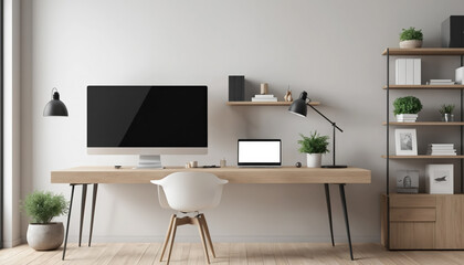 Clean minimal design of a modern office workspace with computer monitor and keyboard and a lamp on a wooden desk. 