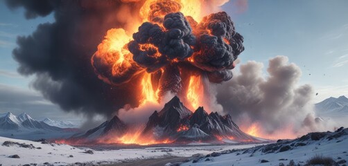 The air is filled with ash and gas as a volcanic explosion erupts on the frozen tundra, gas, geology
