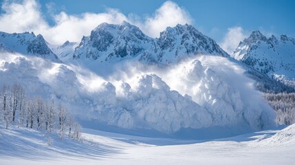 Obraz premium An image of a snow-covered mountain range with a large avalanche in progress, symbolizing the endangerment of wildlife and their potential extinction due to such natural events.