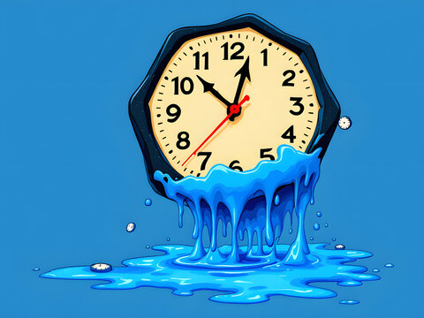 Hand holding a clock as water splashes and flows around it, symbolizing time's fluidity.