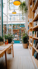 Fototapeta premium cozy family owned bookstore featuring wooden shelves, plants, and warm lighting. inviting atmosphere encourages reading and exploration among books