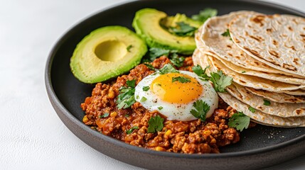Delicious mexican inspired breakfast with egg avocado cilantro and tortillas on dark plate