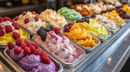Colorful artisanal ice cream display, outdoor cafe