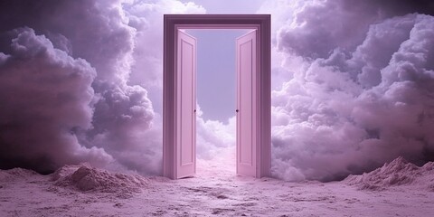 Open Door to the Clouds: A surreal and ethereal image depicting an open door set against a backdrop of fluffy pink clouds.