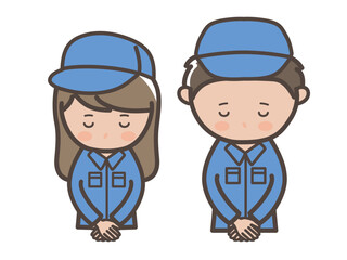 頭を下げて謝る作業着姿の男女作業員（清掃員）の上半身イラスト