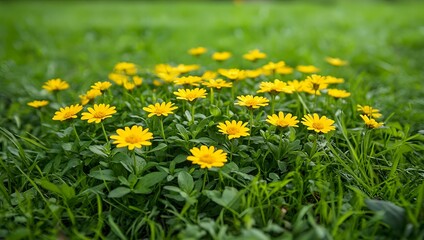 Vibrant Yellow Flowers Blooming in Lush Green Grass Meadow Nature Spring Summer Background
