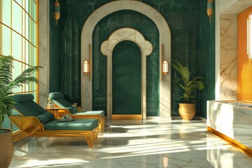 Fototapeta premium Art deco-style business lounge with gold accents, geometric patterns, and wealthy investors.