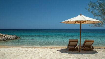 Beach chairs, umbrella, tranquil sea, sunny day, vacation