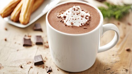 Indulgent Hot Chocolate Delight with Whipped Cream and Churros on Rustic Wooden Tabletop