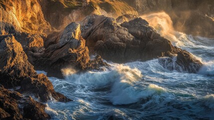 dramatic coastal cliffside in Portugal, waves crashing against rugged rocks, golden sunlight casting long shadows, cinematic depth