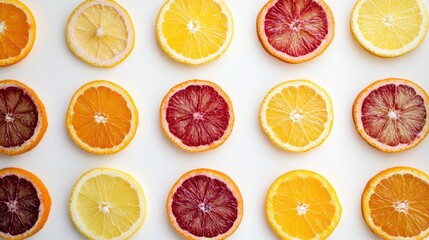 Citrus fruit slices pattern, flatlay, white background, healthy food