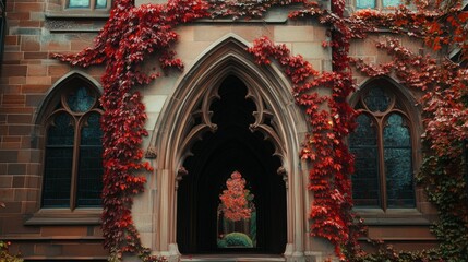 Ivy League University Building with Gothic Arches and Stone Architecture
