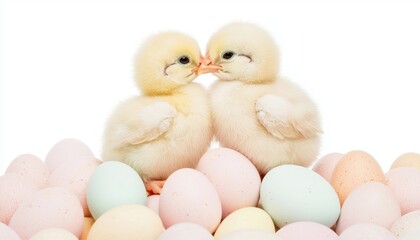 a pair of baby chicks sitting on a pile of pastel eggs, adorable springtime scene, isolated on white background