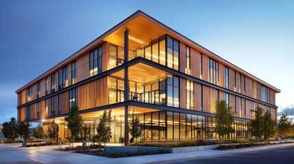 Modern office building at twilight, city street scene
