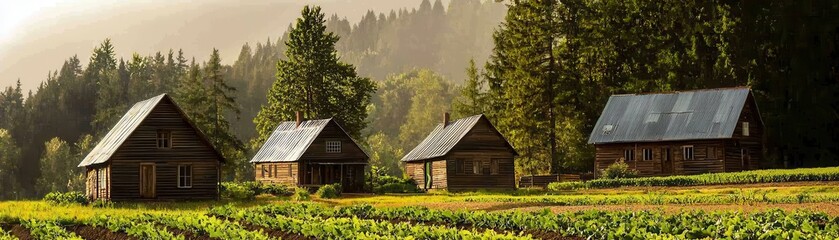 Fototapeta premium A serene landscape featuring rustic wooden cabins surrounded by lush greenery and towering trees, illuminated by soft morning light.
