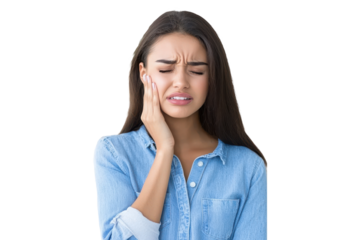 Unhealthy woman with a pained expression, holding cheek, suffering from toothache, periodontal disease, cavities, or jaw pain, wearing blue shirt, isolated on transparent background