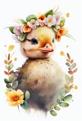 Watercolor Beautiful cartoon yellow duckling with flowers crown. Cute wildlife animal character drawing illustration poster print. AI generative