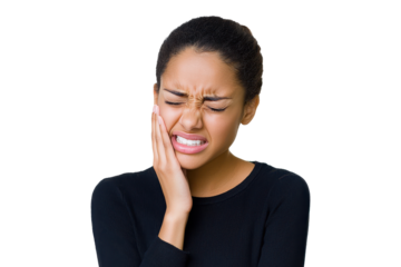 Young woman with severe toothache, pressing sore cheek, feeling acute dental pain, possible cavities or gum disease, wearing black sweater, isolated on transparent background