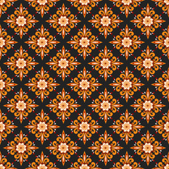 Bright floral pattern with orange and black background, perfect for textiles