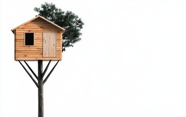a rustic treehouse surrounded by lush green jungle, off-the-grid vacation, isolated on white background