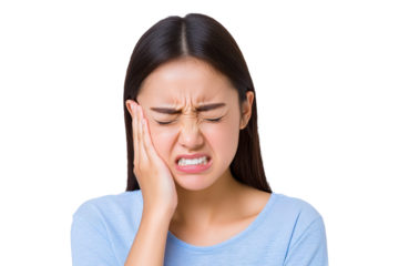 Unhealthy woman with a pained expression, holding cheek, suffering from toothache, periodontal disease, cavities, or jaw pain, wearing blue shirt, isolated on transparent background