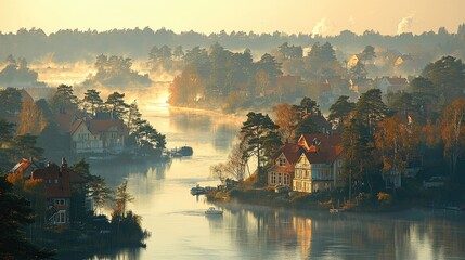 Fototapeta premium Misty morning over Scandinavian river homes