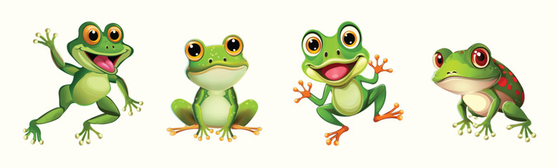 Cute cartoon frogs drawing set. Vector collection of illustrations for printing on baby clothes, sticker, postcards, baby showers, games, books, covers, dishes.