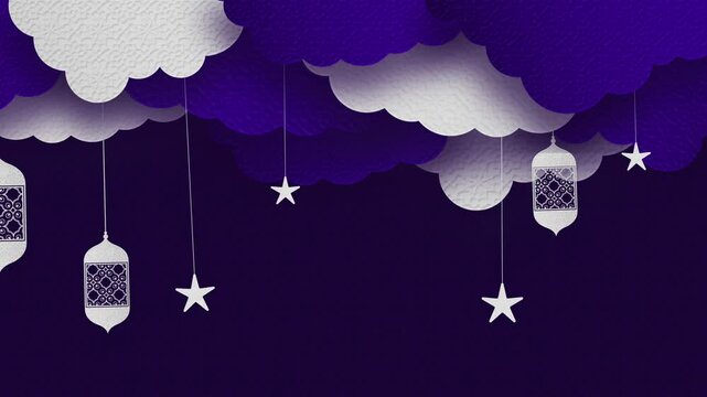 Elegant Ramadan Background with Paper-Cut Clouds, Hanging Lanterns and Stars