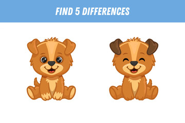 Find 5 differences between two pictures of cute cartoon dog isolated on white background. Puppy in  flat style. Funny animal. Activity page. Vector illustration.