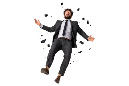 Businessman in a suit falling backward with shattered glass effect, showing shock and surprise, dynamic motion, isolated on transparent background