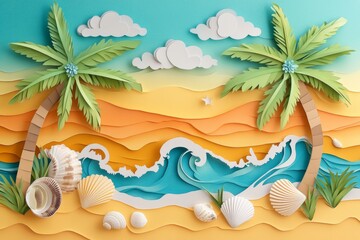 Tropical beach scene in paper art style, with palm trees, waves, and seashells.