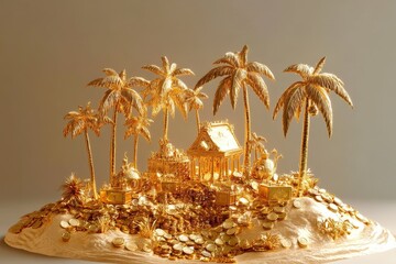 Tropical island made of gold coins, with palm trees and treasure chests, representing wealth and prosperity.