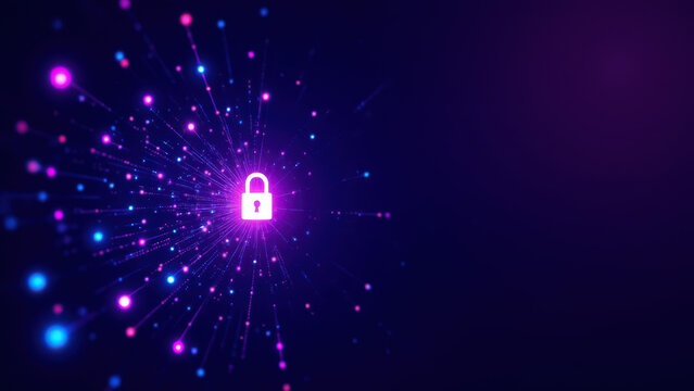 A stylized graphic of a cyber lock and network with abstract elements, symbolizing digital security and technology.