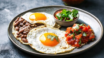 Delicious Huevos Rancheros with Fried Eggs Beans and Salsa on a Rustic Plate Close Up View