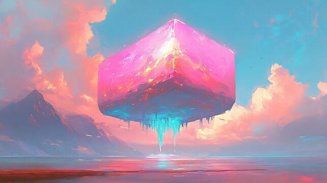 Floating Island Dreamlike Pastel Landscape Soft Light. AI Generated