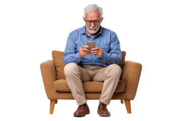 Elderly man with glasses, sitting on a brown armchair, using a smartphone, isolated on transparent background