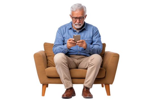 Elderly man with glasses, sitting on a brown armchair, using a smartphone, isolated on transparent background
