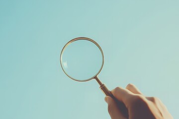 Hand Holding Magnifying Glass Against a Clear Blue Sky Searching for Solutions