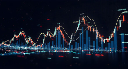 Dynamic colorful stock market chart on dark background. Trading investment charts. Financial graph with glowing candlesticks. Concept for business, analysis, burse exchange. Bourse buoyant banner