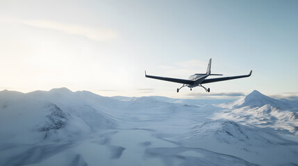 Naklejka premium A small aircraft flies over a vast, snow-covered mountain range on a bright, sunny day. A peaceful and awe-inspiring scene of aerial exploration.