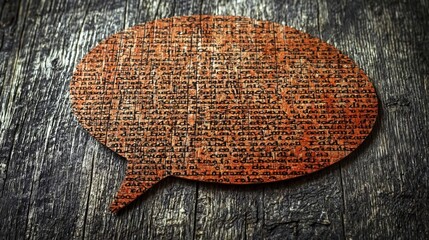 Una burbuja de diálogo de madera con inscripciones en un fondo de madera oscura.