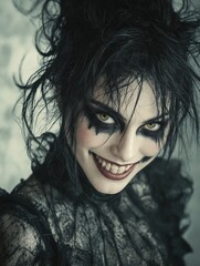 Una figura inquietante con maquillaje dramático y una sonrisa siniestra, evoca un aire gótico y sobrenatural.