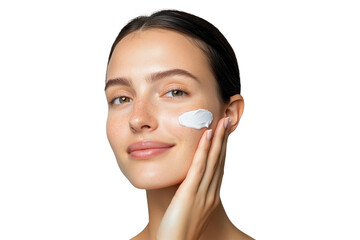 Skin care. Beautiful woman applying moisturizing cream on his face, natural beauty skincare, isolated on transparent background