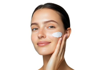Skin care. Beautiful woman applying moisturizing cream on his face, natural beauty skincare, isolated on transparent background