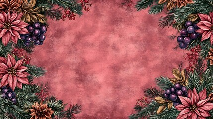 Rustic Winter Floral Frame Soft Pink Background. AI Generated