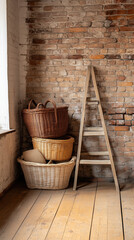collection of handwoven baskets stacked against rustic brick wall, showcasing natural textures and warm tones. wooden ladder adds charming touch to cozy interior