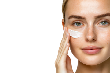 Young woman applying moisturizing cream under eyes, natural beauty skincare, isolated on transparent background