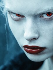 Fototapeta premium Un rostro enigmático con piel pálida y ojos rojos intensos, evoca una atmósfera oscura y misteriosa.