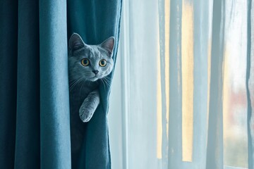 La escena muestra un gato gris asomándose detrás de una cortina azul, con luz suave filtrándose a través de las ventanas.