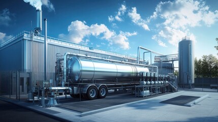 Naklejka premium Modern industrial plant with tanker truck, bright sunny day